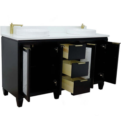 61" Double sink vanity in Black finish with White quartz and round sink - 400990-61D-BL-WERD