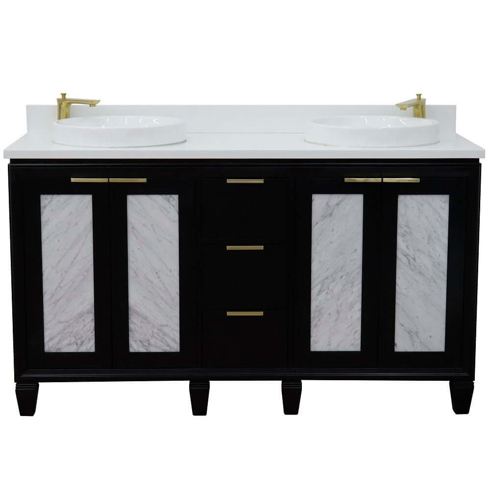 61" Double sink vanity in Black finish with White quartz and round sink - 400990-61D-BL-WERD