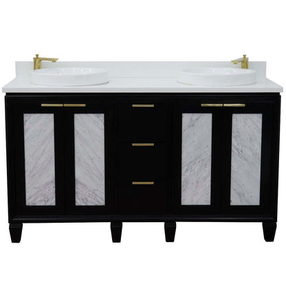 61" Double sink vanity in Black finish with White quartz and round sink - 400990-61D-BL-WERD