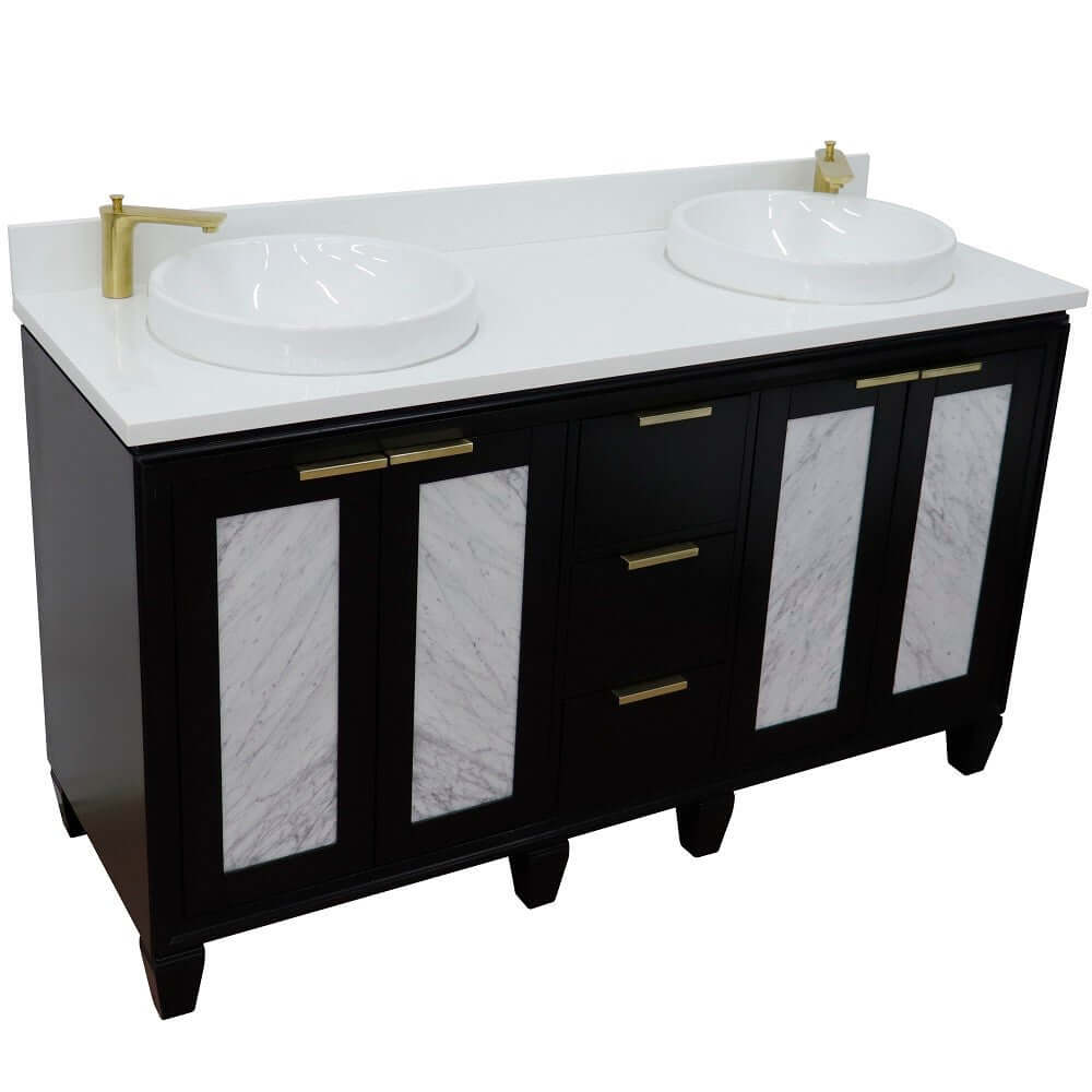 61" Double sink vanity in Black finish with White quartz and round sink - 400990-61D-BL-WERD