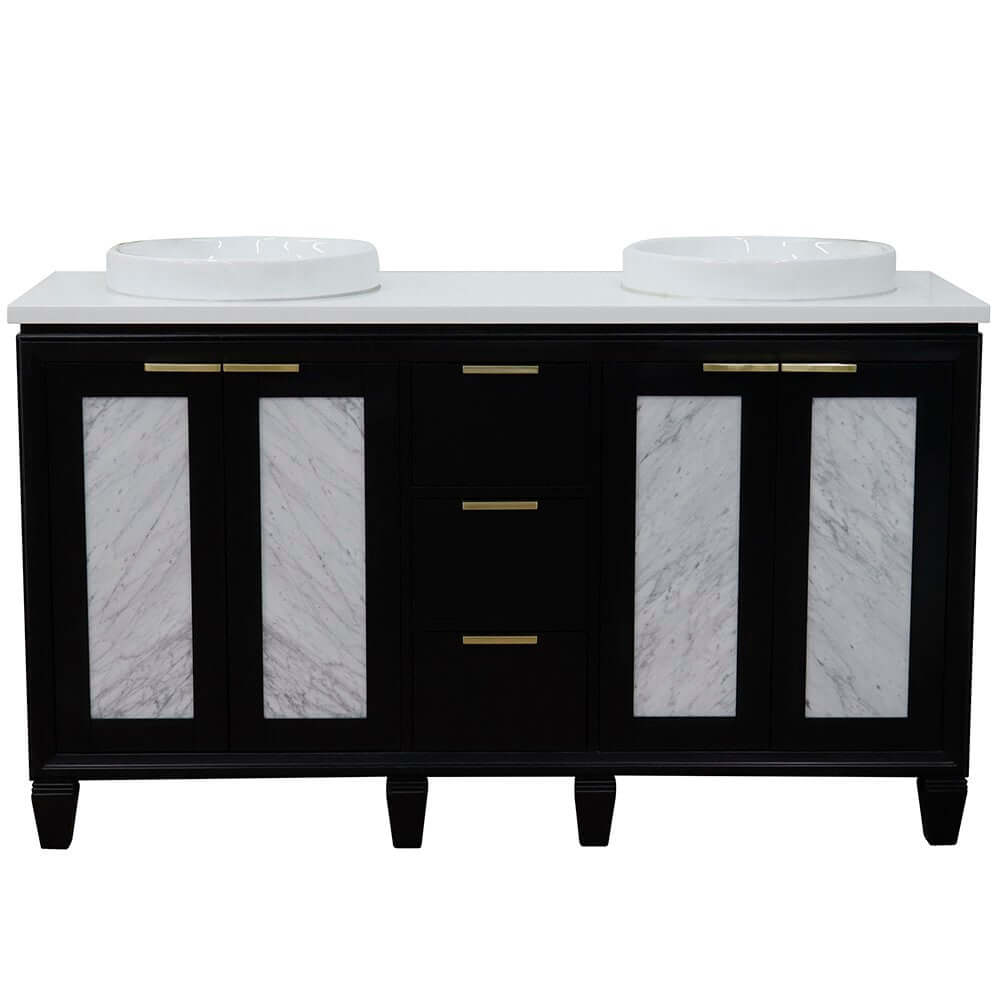 61" Double sink vanity in Black finish with White quartz and round sink - 400990-61D-BL-WERD