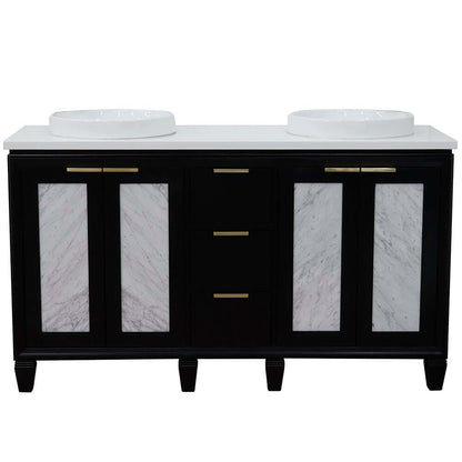 61" Double sink vanity in Black finish with White quartz and round sink - 400990-61D-BL-WERD