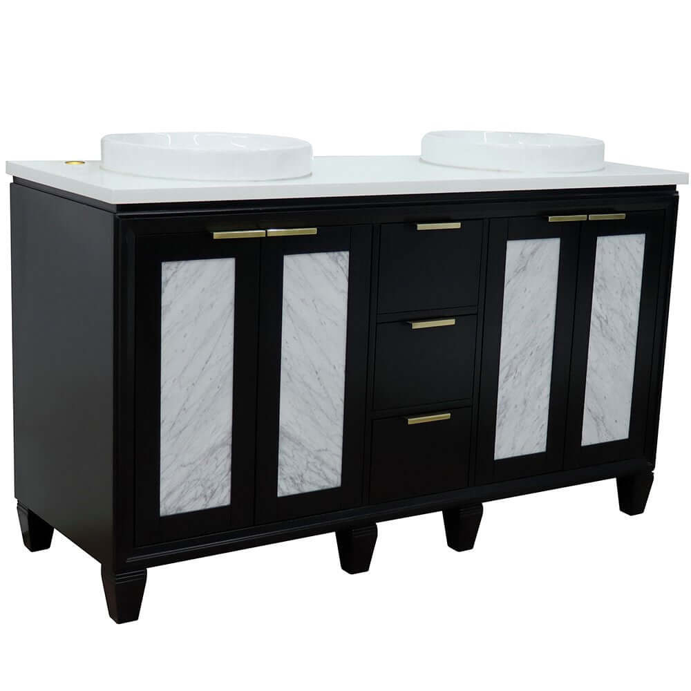 61" Double sink vanity in Black finish with White quartz and round sink - 400990-61D-BL-WERD