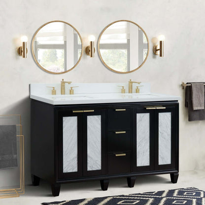 61" Double sink vanity in Black finish with White quartz and rectangle sink - 400990-61D-BL-WER