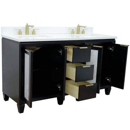 61" Double sink vanity in Black finish with White quartz and rectangle sink - 400990-61D-BL-WER