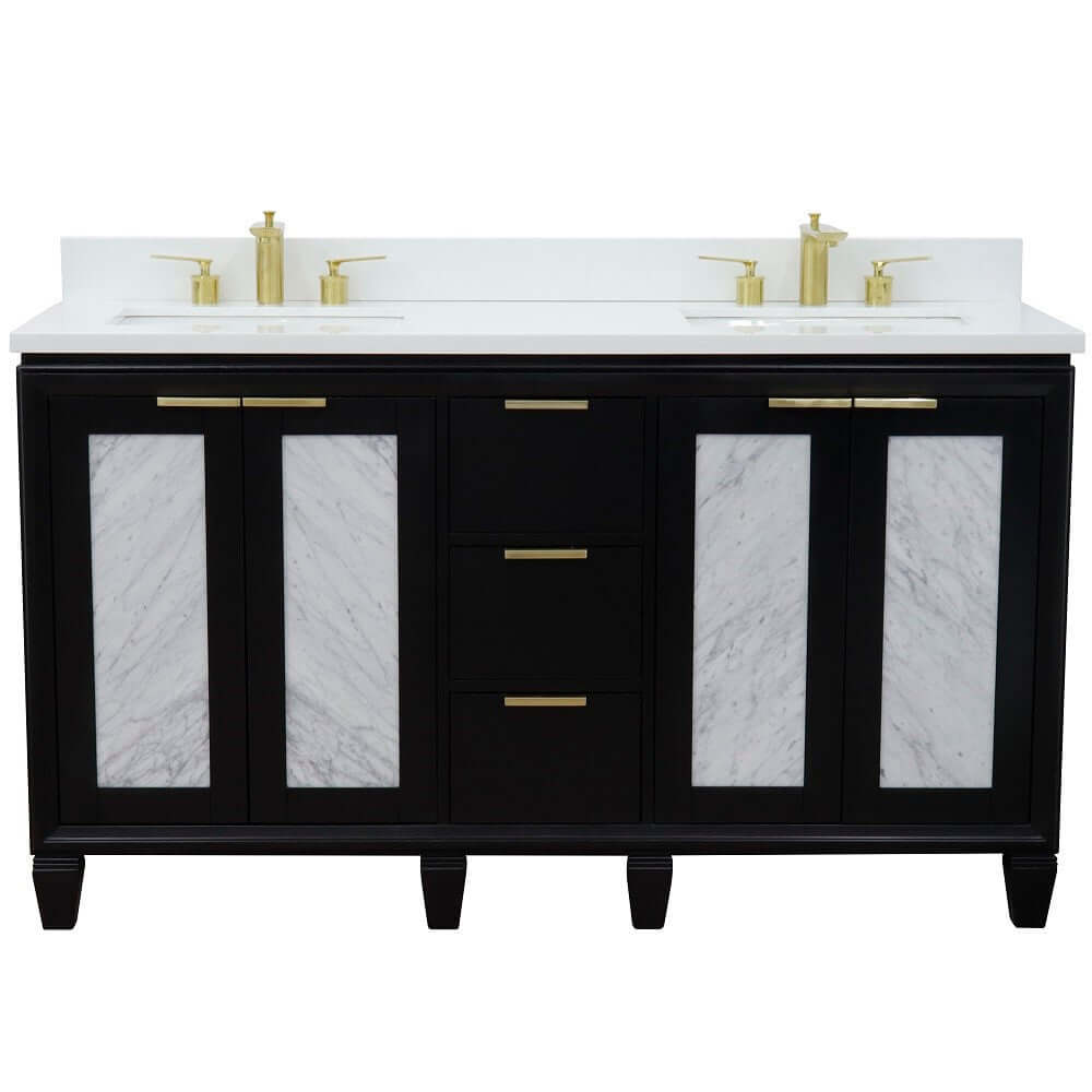 61" Double sink vanity in Black finish with White quartz and rectangle sink - 400990-61D-BL-WER