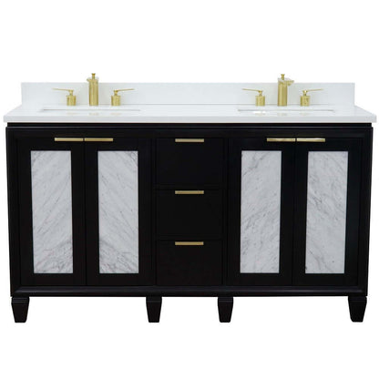 61" Double sink vanity in Black finish with White quartz and rectangle sink - 400990-61D-BL-WER