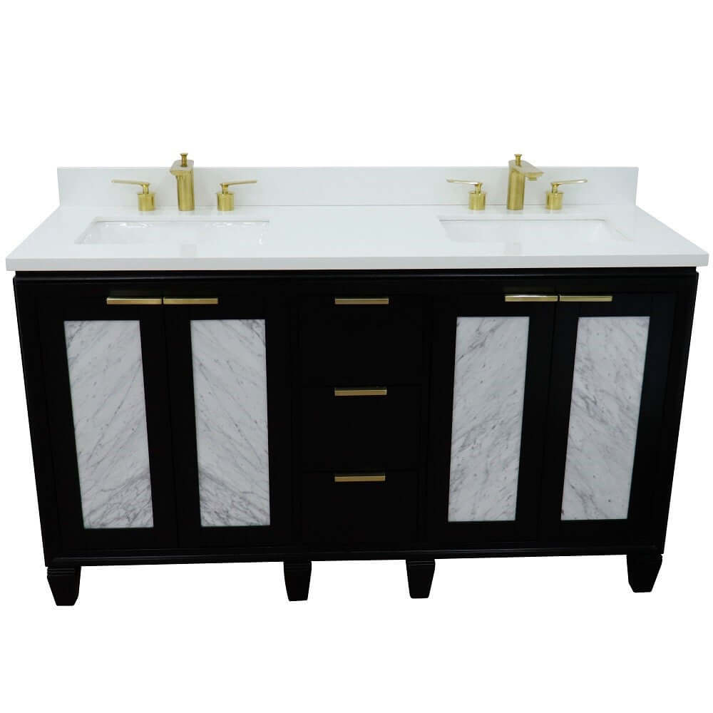 61" Double sink vanity in Black finish with White quartz and rectangle sink - 400990-61D-BL-WER