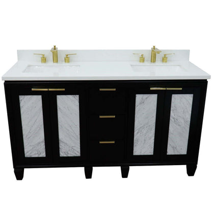 61" Double sink vanity in Black finish with White quartz and rectangle sink - 400990-61D-BL-WER