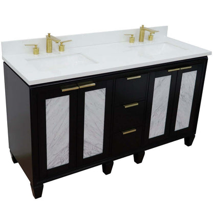 61" Double sink vanity in Black finish with White quartz and rectangle sink - 400990-61D-BL-WER