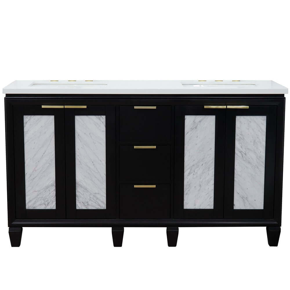 61" Double sink vanity in Black finish with White quartz and rectangle sink - 400990-61D-BL-WER