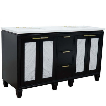 61" Double sink vanity in Black finish with White quartz and rectangle sink - 400990-61D-BL-WER