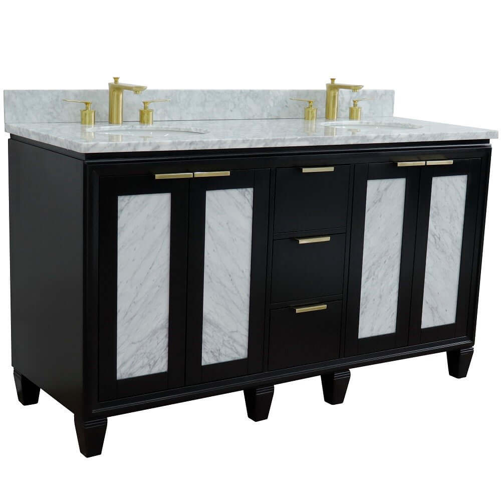 61" Double sink vanity in Black finish with White Carrara marble and oval sink - 400990-61D-BL-WMO