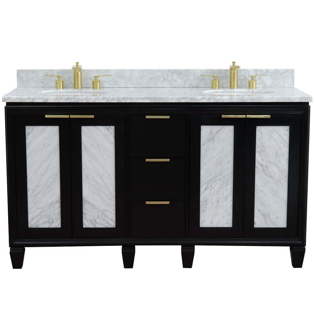 61" Double sink vanity in Black finish with White Carrara marble and oval sink - 400990-61D-BL-WMO