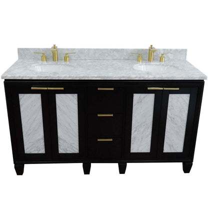 61" Double sink vanity in Black finish with White Carrara marble and oval sink - 400990-61D-BL-WMO