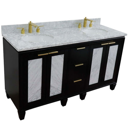 61" Double sink vanity in Black finish with White Carrara marble and oval sink - 400990-61D-BL-WMO