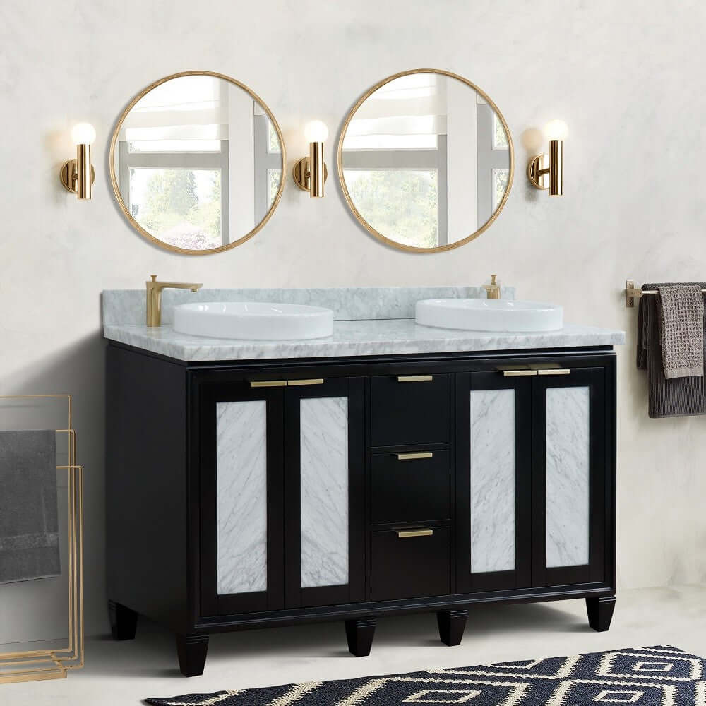 61" Double sink vanity in Black finish with White Carrara marble and round sink - 400990-61D-BL-WMRD