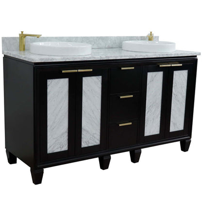 61" Double sink vanity in Black finish with White Carrara marble and round sink - 400990-61D-BL-WMRD