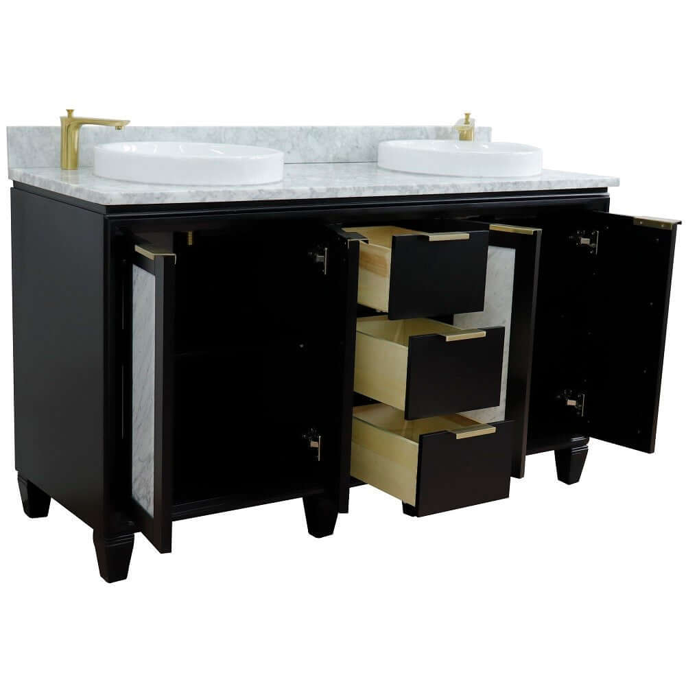 61" Double sink vanity in Black finish with White Carrara marble and round sink - 400990-61D-BL-WMRD