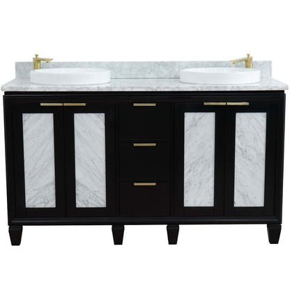 61" Double sink vanity in Black finish with White Carrara marble and round sink - 400990-61D-BL-WMRD