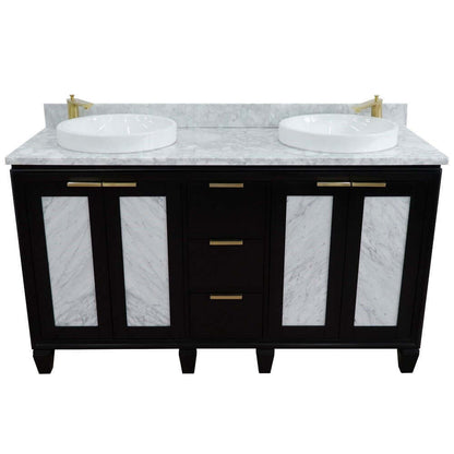 61" Double sink vanity in Black finish with White Carrara marble and round sink - 400990-61D-BL-WMRD