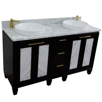 61" Double sink vanity in Black finish with White Carrara marble and round sink - 400990-61D-BL-WMRD