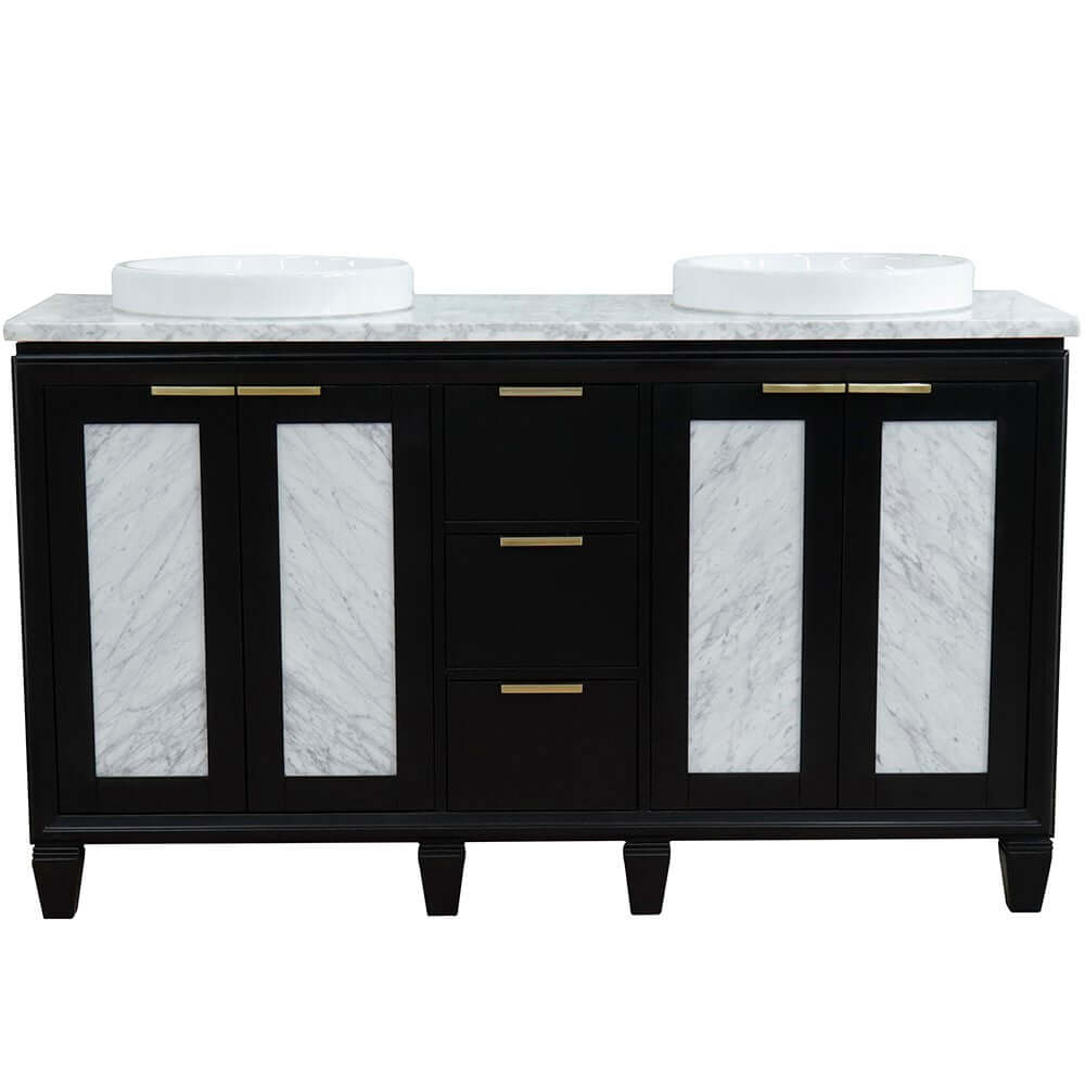 61" Double sink vanity in Black finish with White Carrara marble and round sink - 400990-61D-BL-WMRD