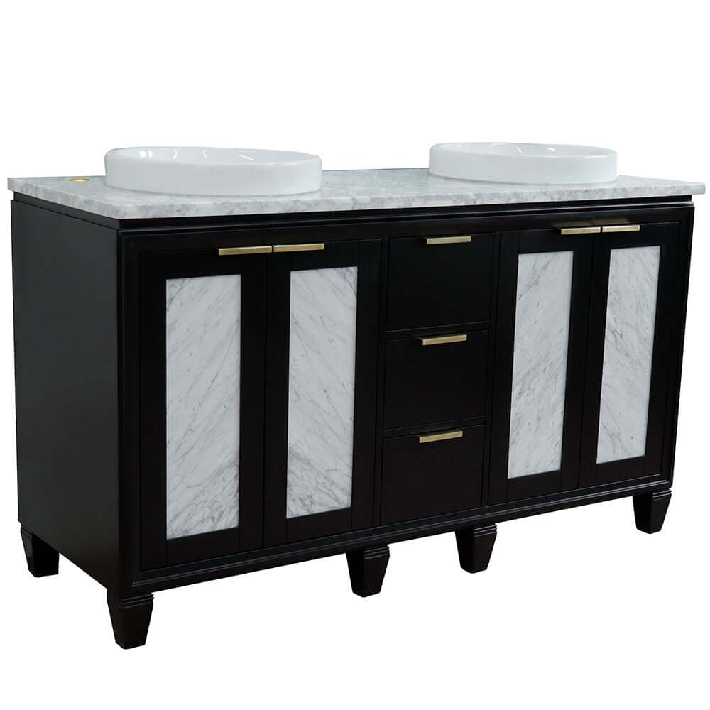 61" Double sink vanity in Black finish with White Carrara marble and round sink - 400990-61D-BL-WMRD