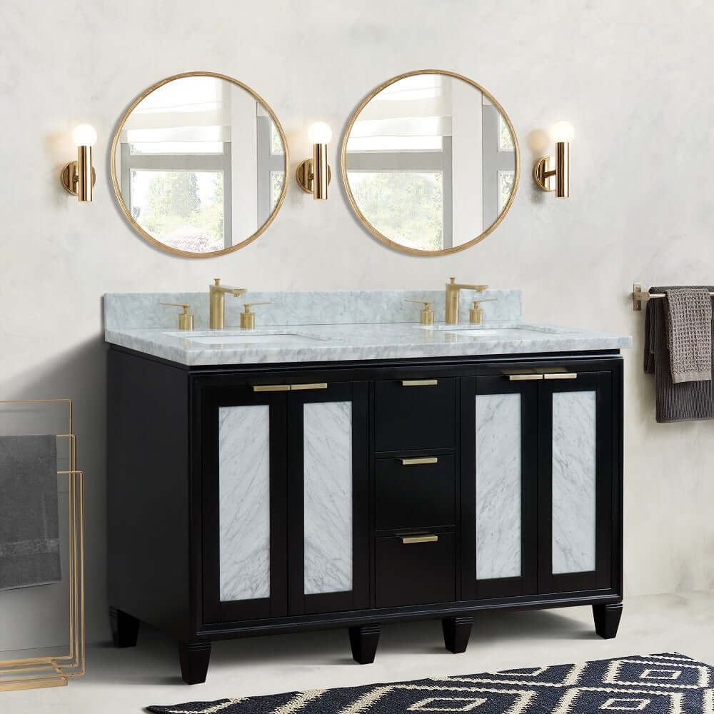 61" Double sink vanity in Black finish with White Carrara marble and rectangle sink - 400990-61D-BL-WMR