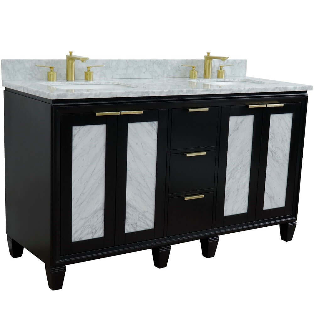 61" Double sink vanity in Black finish with White Carrara marble and rectangle sink - 400990-61D-BL-WMR