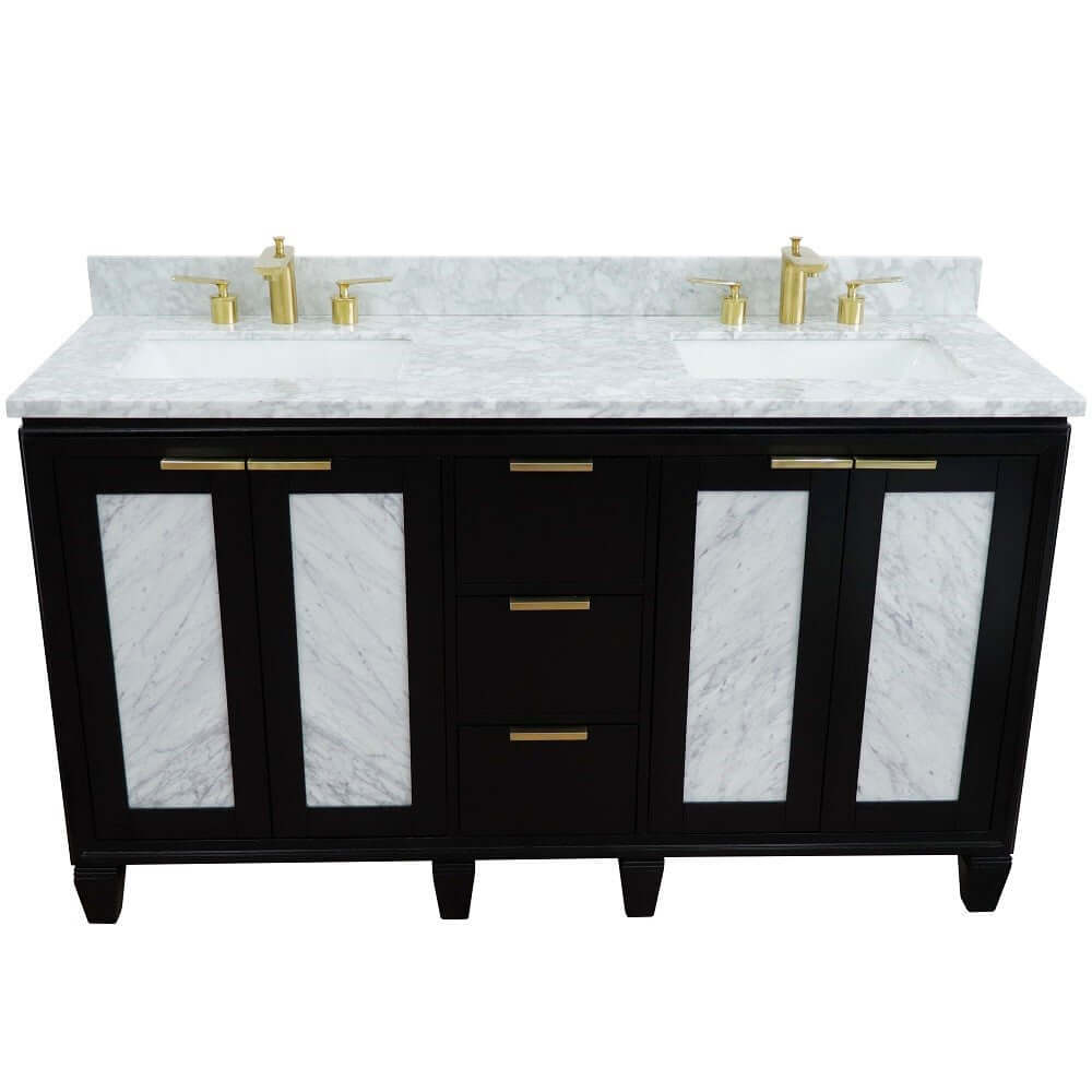 61" Double sink vanity in Black finish with White Carrara marble and rectangle sink - 400990-61D-BL-WMR