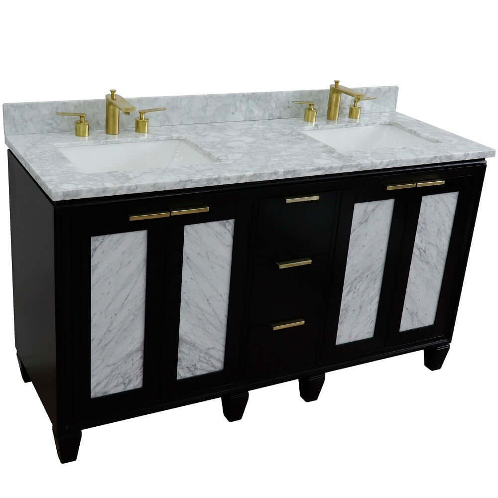 61" Double sink vanity in Black finish with White Carrara marble and rectangle sink - 400990-61D-BL-WMR