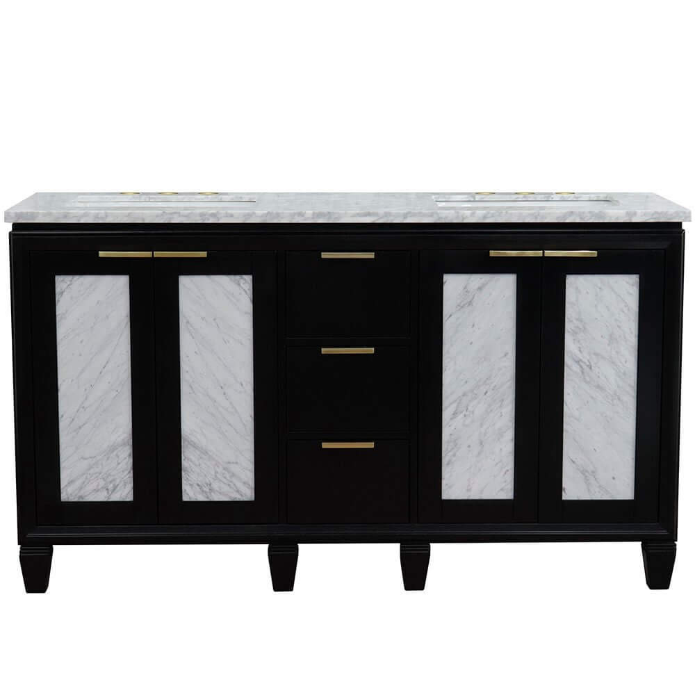 61" Double sink vanity in Black finish with White Carrara marble and rectangle sink - 400990-61D-BL-WMR