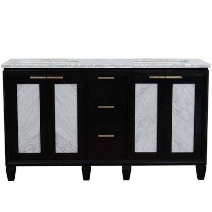 61" Double sink vanity in Black finish with White Carrara marble and rectangle sink - 400990-61D-BL-WMR