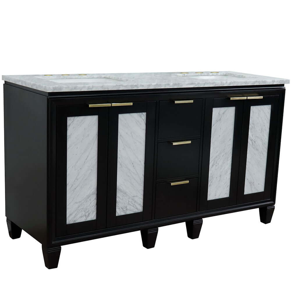 61" Double sink vanity in Black finish with White Carrara marble and rectangle sink - 400990-61D-BL-WMR