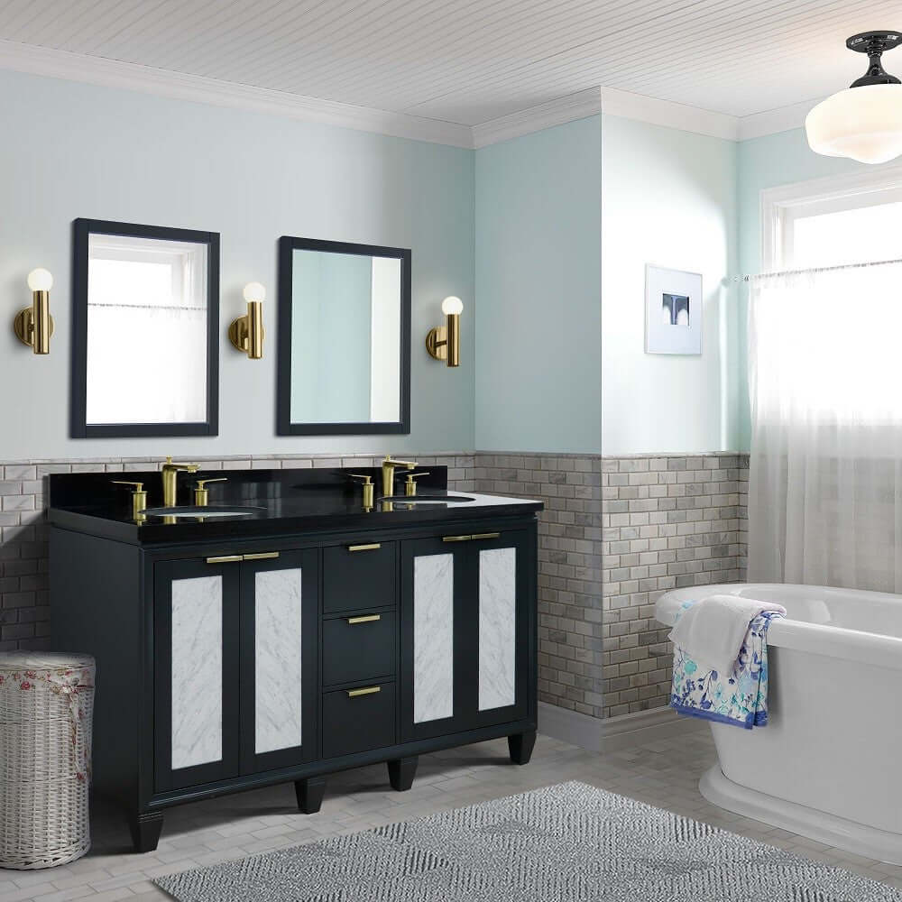 61" Double sink vanity in Dark Gray finish with Black galaxy granite and oval sink - 400990-61D-DG-BGO