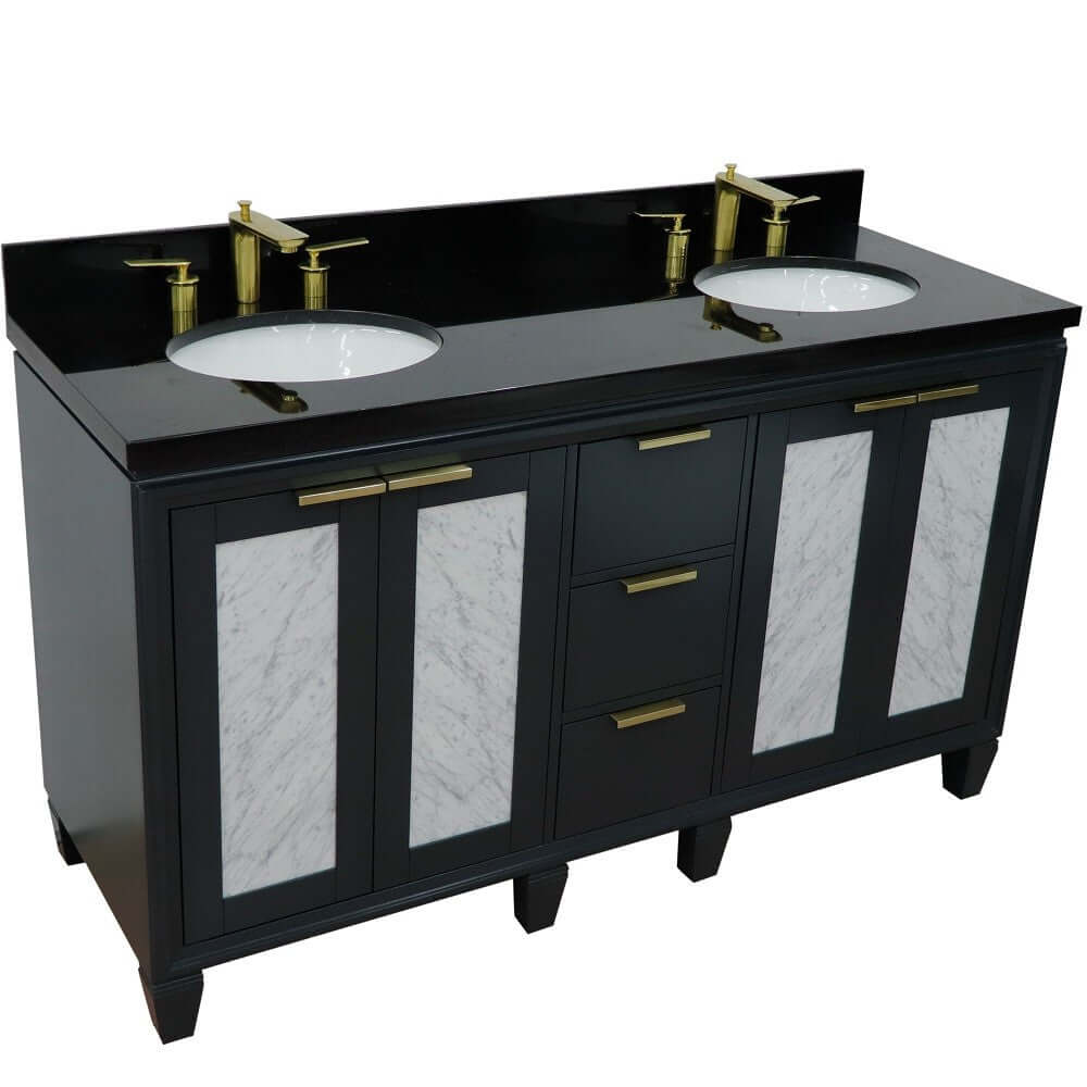 61" Double sink vanity in Dark Gray finish with Black galaxy granite and oval sink - 400990-61D-DG-BGO