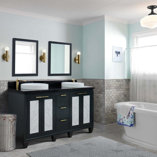 61" Double sink vanity in Dark Gray finish with Black galaxy granite and round sink - 400990-61D-DG-BGRD