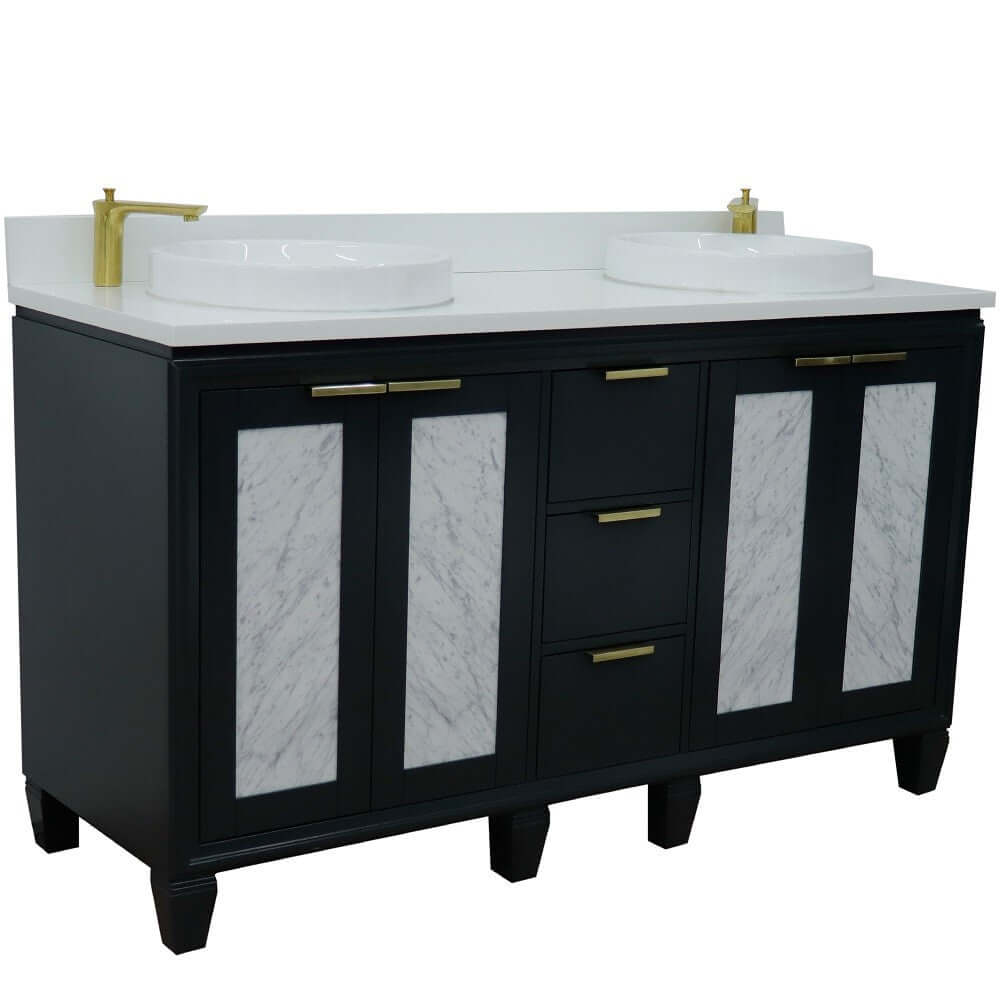 61" Double sink vanity in Dark Gray finish with White quartz and round sink - 400990-61D-DG-WERD