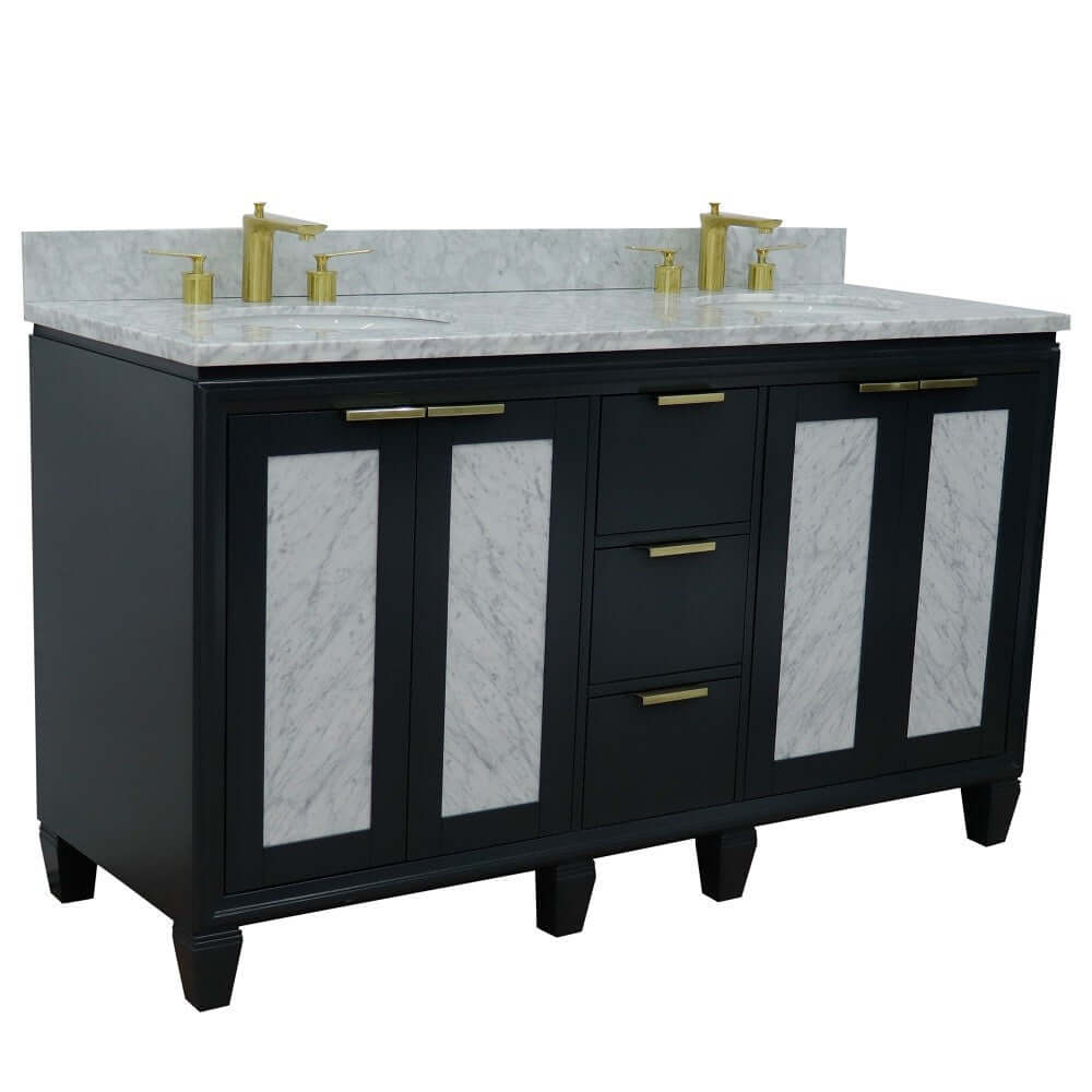 61" Double sink vanity in Dark Gray finish with White Carrara marble and oval sink - 400990-61D-DG-WMO