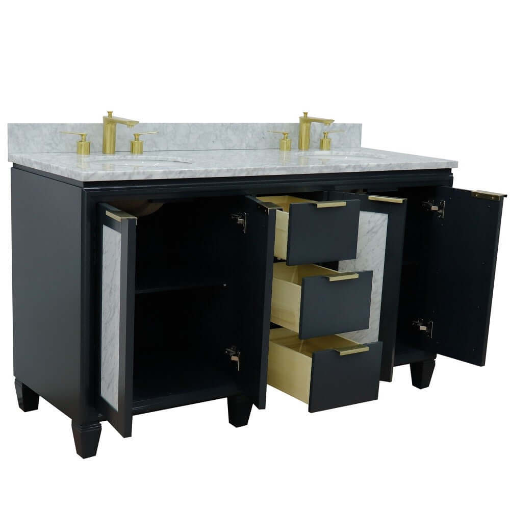 61" Double sink vanity in Dark Gray finish with White Carrara marble and oval sink - 400990-61D-DG-WMO