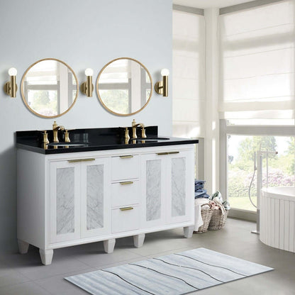 61" Double sink vanity in White finish with Black galaxy granite and oval sink - 400990-61D-WH-BGO