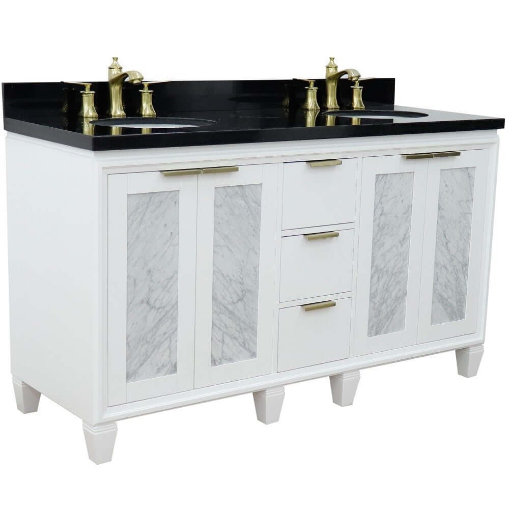 61" Double sink vanity in White finish with Black galaxy granite and oval sink - 400990-61D-WH-BGO