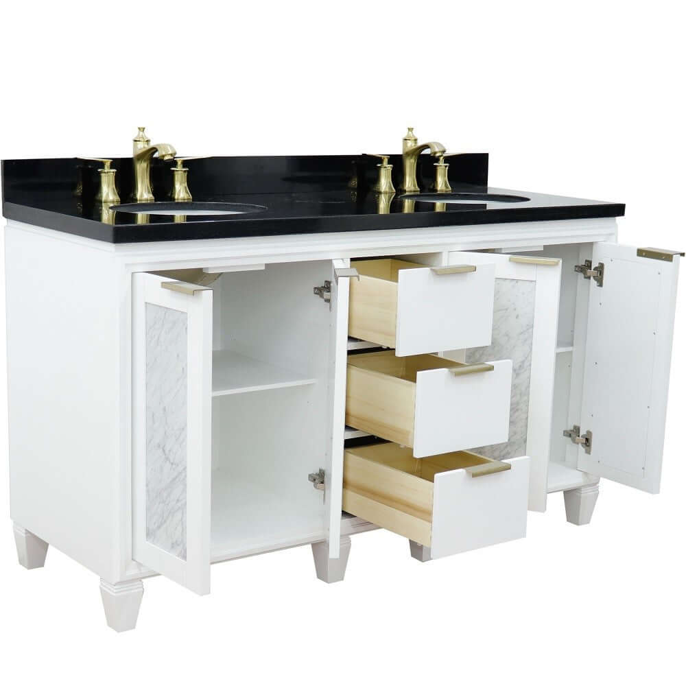 61" Double sink vanity in White finish with Black galaxy granite and oval sink - 400990-61D-WH-BGO