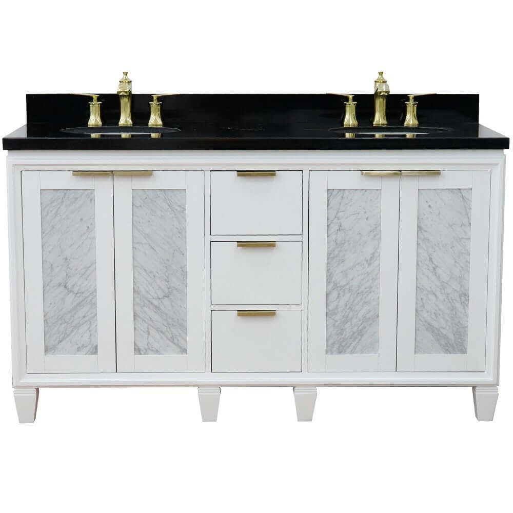 61" Double sink vanity in White finish with Black galaxy granite and oval sink - 400990-61D-WH-BGO