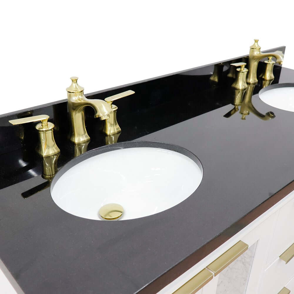 61" Double sink vanity in White finish with Black galaxy granite and oval sink - 400990-61D-WH-BGO