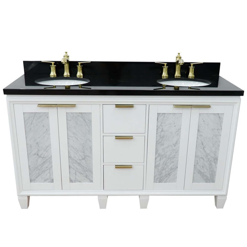 61" Double sink vanity in White finish with Black galaxy granite and oval sink - 400990-61D-WH-BGO