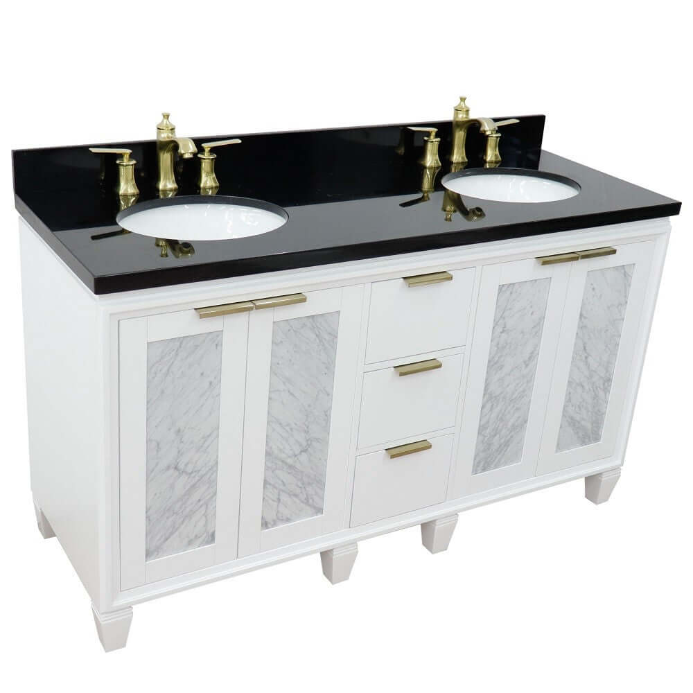 61" Double sink vanity in White finish with Black galaxy granite and oval sink - 400990-61D-WH-BGO