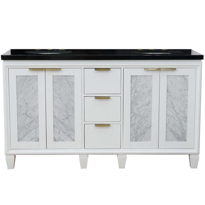 61" Double sink vanity in White finish with Black galaxy granite and oval sink - 400990-61D-WH-BGO