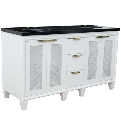 61" Double sink vanity in White finish with Black galaxy granite and oval sink - 400990-61D-WH-BGO